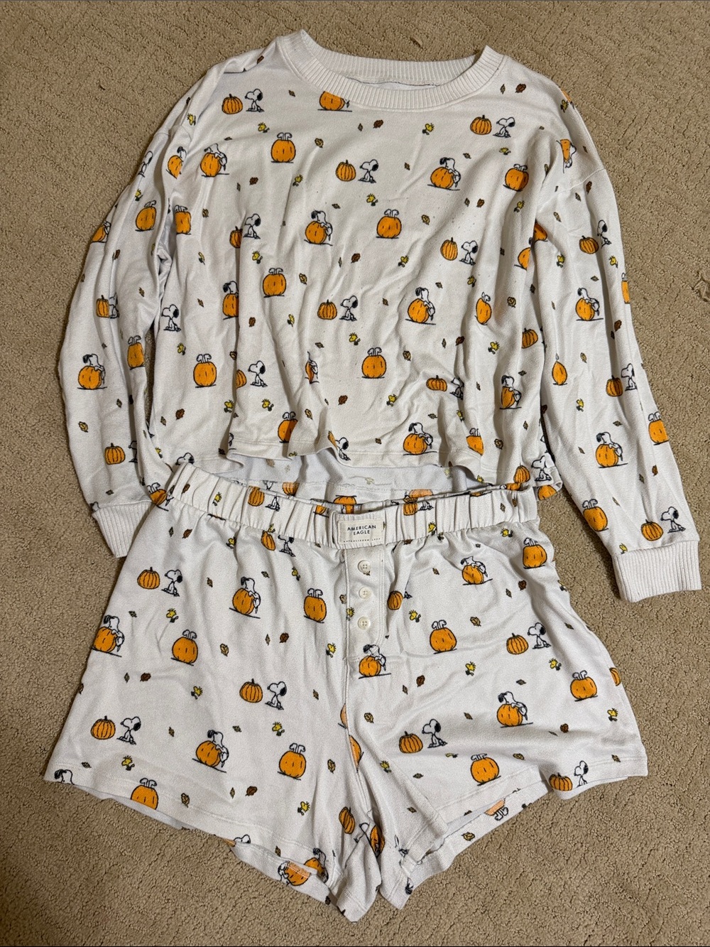 American Eagle Outfitters White Pumpkin & Snoopy Print Pajama Set - Picture 1 of 2